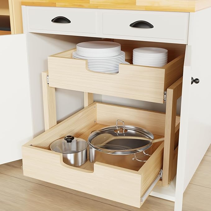 Pull Out Cabinet Organizer, 17''W×21''D×16''H Soft Close Slide Out Wooden Pull out Drawers, Double Tier Slide out Wood Cabinet Organizer, for Base Cabinet Organization in Kitchen, Pantry, Bathroom