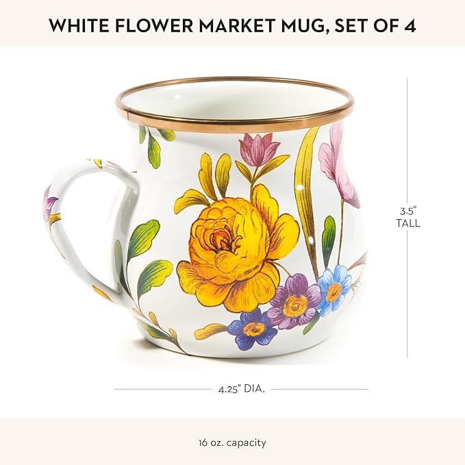 MACKENZIE-CHILDS Enamel Mug, Cute Enamelware Coffee and Tea Mug, Unique Drinkware, 16 Ounces, White Flower Market, Set of 4