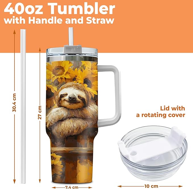 Personalized Sloth 40oz Tumbler with Handle and Straw Gifts for Women Girl, Sunflower Sloth Gifts For Animal Lovers, Birthday Christmas Gift Idea, Custom Name Stainless Steel Travel Cup
