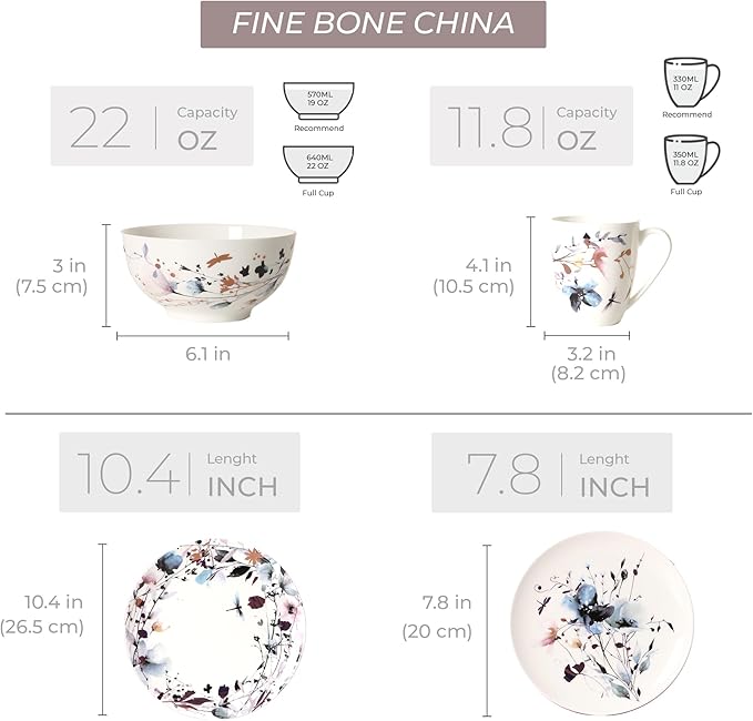 KOKEN Blue Dragonfly Ceramic Dinnerware Set - 4 Piece Plates and Bowls, Microwave Safe