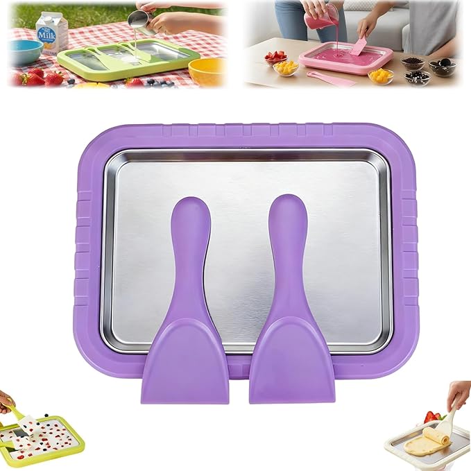 Rolled Ice Cream Maker Kit, New At-Home Stainless Steel Instant Freeze Plate with 2 Scrapers,DIY Rolled Ice Cream Tray Instant Ice Cream Maker (Purple-1PC)