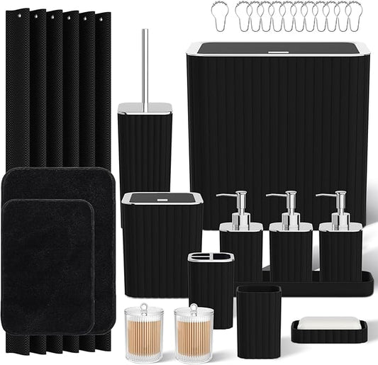 Bathroom Accessory Set - Bathroom Set, 27PC Bathroom Accessories Set, Black Bathroom Sets with Shower Curtain and Rugs, Mini Trash Can, Toilet Brush, Trash Can & Soap Dispenser