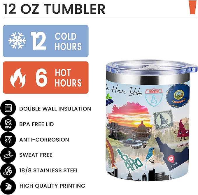 12oz Coffee Mug Idaho State Insulated Coffee Cups, United States Map Travel Mug Landmark, Birthday Gifts Cute Mugs with Lid and Straw Mothers Day Gifts