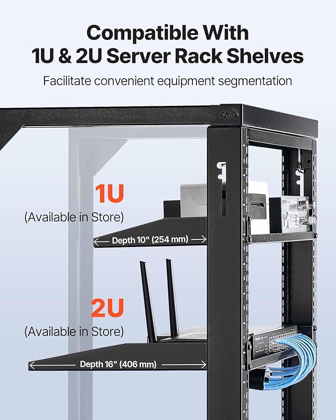 VEVOR 15U Open Frame Server Rack, Free Standing or Wall Mount Rack with 180 Degrees Gate Swing, Network Rack for 19" IT Equipment & A/V Devices