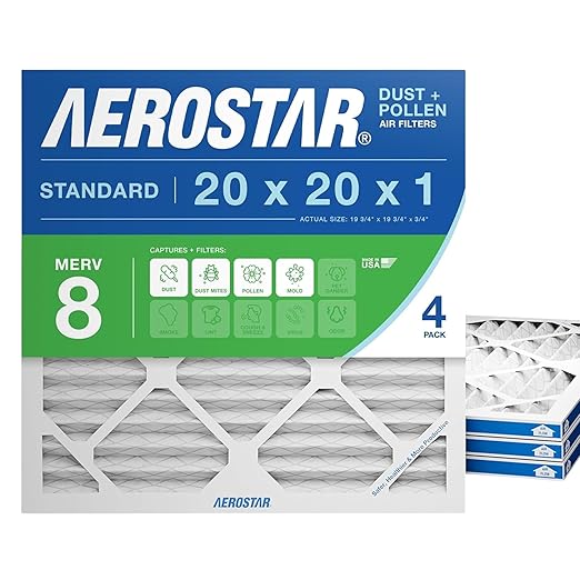 Aerostar 20x20x1 MERV 8 Air Filter, 4 Count, ACTUAL SIZE (19.75 x 19.75 x 0.75), HVAC, Air Conditioning & Furnace Filter Captures Dust, Lint & Pollen (MPR 600 / FPR 5), Made in USA