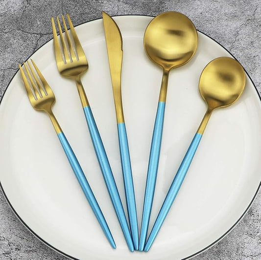 Gugrida 20-Piece 18/10 Stainless Steel Flatware Silverware, Luxury Dinnerware Set Travel Cutlery Tableware Include Knife Fork Spoon Service for 4, Dishwasher Safe (Blue Handle Matte Gold)