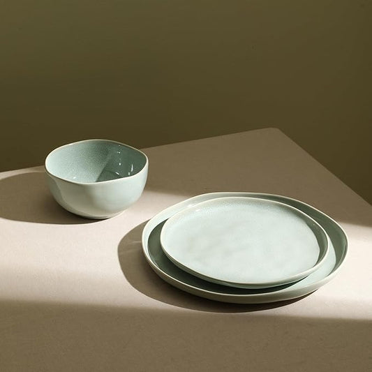 Stone Lain Mirella 12-Piece Stoneware Dinnerware Set, Service for 4 – Reactive Glaze, Light Green – Includes Dinner Plates, Salad Plates, and Bowls – Organic Modern Design
