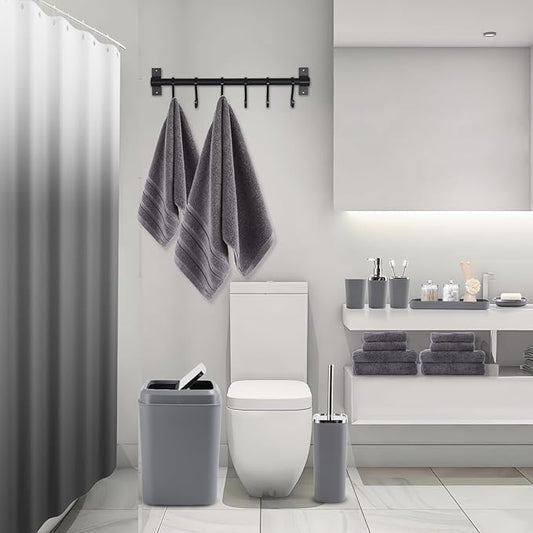 Grey Bathroom Accessories, 24 Pieces Grey Bathroom Accessories Set with Shower Curtain, Bath Towels, Trash Can, Soap Dispenser and Soap Dish for Bathroom/Housewarming
