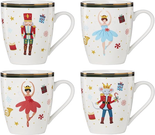 Lenox Coffee Mugs, Set Of 4 Nutcracker Ballet 13 Oz Coffee Mugs, Porcelain Material with Gold Accents, Dishwasher and Microwave Safe, Assorted Nutcracker Design, Christmas Decorations (13 Oz, 4 Piece)