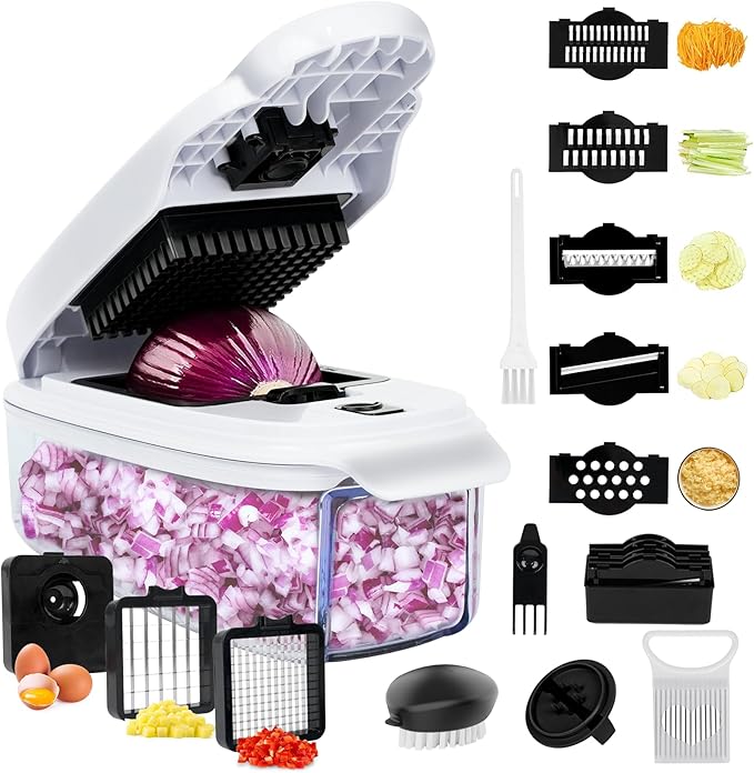 Veggie Chopper –13 in 1 Onion Chopper · Vegetable Chopper with Container · Pepper Chopper · Vegetable Slicer – Kitchen Gadget & Home Essentials (White & Black)