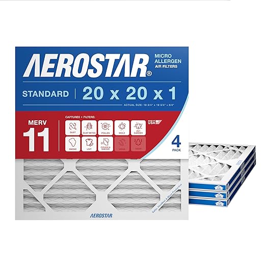 Aerostar 20x20x1 MERV 11 - 4 Count - Pleated HVAC, Furnace & Air Conditioner Filters - Removes Dust, Cold & Flu Germs, Lint, Mold, Pet Dander, Allergy-Causing Pollen, Smog & Smoke