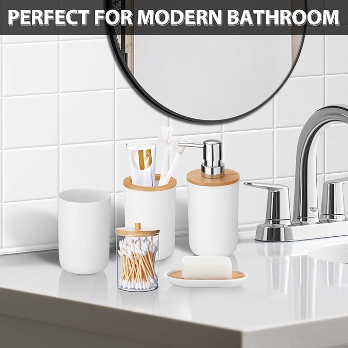 iMucci Bathroom Accessories Set 5Piece White Bathroom Sets, Toothbrush Holder, Toothbrush Cup, Lotion Soap Dispenser, Soap Dish and Qtip Holder Bathroom Decor