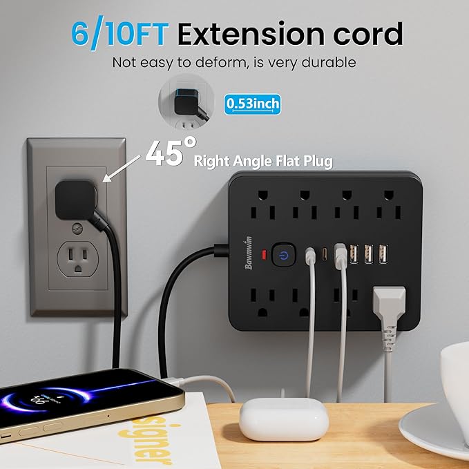 Surge Protector Power Strip, 8 Outlets(1250W/10A), 6 USB Charging Ports(2 USB C), 10FT Flat Plug Extension Cord Outlet Extender with Overload Protection, ETL Certified for Office, Dorm Room