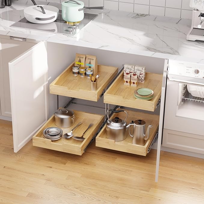 Wood Pull Out Cabinet Organizer 2 Tie 26" W x 21" D, Heavy-Duty Sliding Drawers for Inside Cabinets Storage and Organization for Kitchen, Pantry, Bathroom