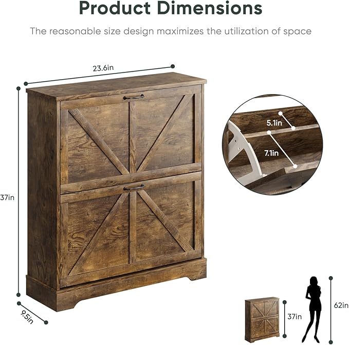 Shoe Cabinet, Shoe Storage Cabinet for Entryway with 2 Flip Drawers, Narrow Farmhouse Shoe Organizer Cabinet, Slim Shoe Rack Cabinet, 31.5 in Rustic Brown