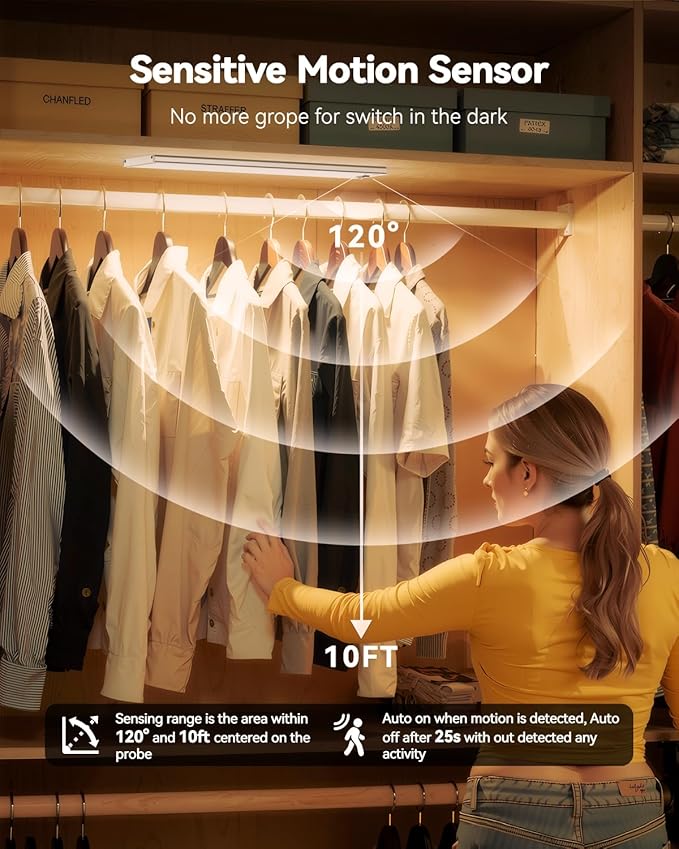 Under Cabinet Lighting Wireless,750LM Ultra-Bright Hand Wave Motion Sensor, 6000mAh Rechargeable Battery Longer Lasting Time Pantry Lights,3 Colors Dimmable Closet Light for Kitchen,Wardrobe,Stairs