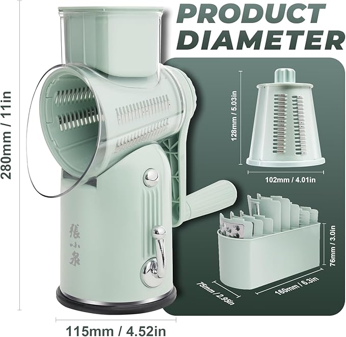 Rotary Cheese Grater Hand Crank with 5-in-1 Interchangeable Blades & Strong Suction Base Vegetables Shredder Manual Slicer for Kitchen, Green