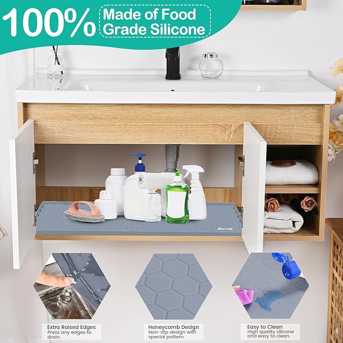 Waterproof Under Sink Mat 28" x 19", Silicone Cabinet Liner, Rubber Protector for Kitchen and Bathroom, Keeps Cabinets Clean, Dry, and Organized (Grey)