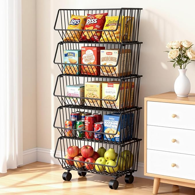 Wire Baskets Organization with Rollers for Kitchen and Home Storage, Vegetable Fruits Metal Basket for Countertop and Corner, Wire Basket Storage Bins for Space Utilization, Durable, 5 Tiers