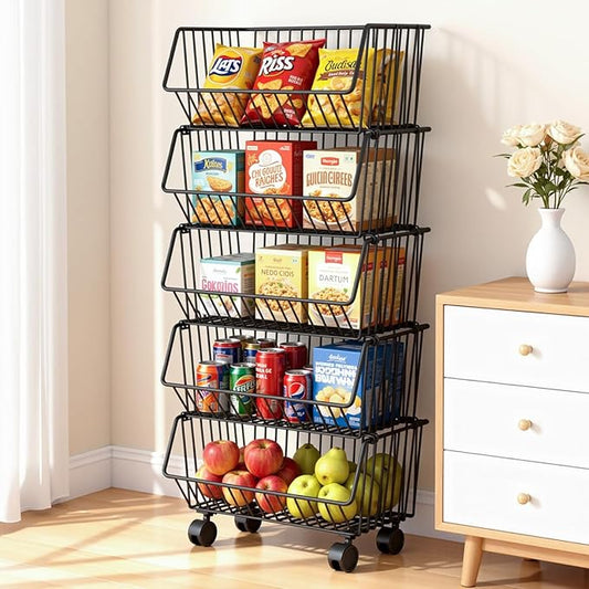Wire Baskets Organization with Rollers for Kitchen and Home Storage, Vegetable Fruits Metal Basket for Countertop and Corner, Wire Basket Storage Bins for Space Utilization, Durable, 5 Tiers