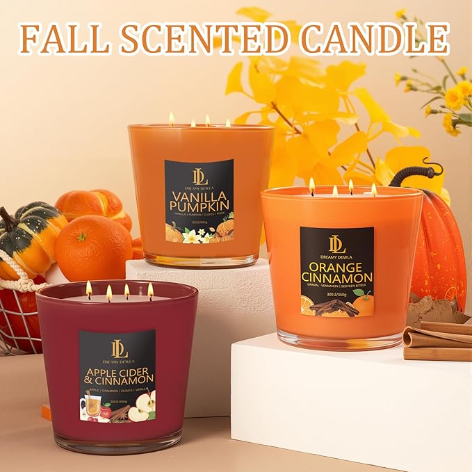Large Fall Candle Apple Cider & Cinnamon Scented, 4 Wick Natural Soy Candles for Home Scented, 30oz Big Autumn Candle Long Lasting, Home Aromatherapy Candles Housewarming Gift for Women Men