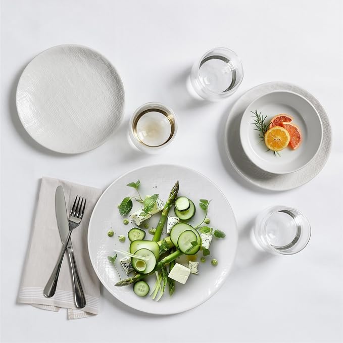 Navaris Linen Artisan Stoneware Dinnerware Set (18 Pieces) - White Dinnerware with Dinner Plates, Side Plates, and Pasta Bowls - Dishwasher and Microwave Safe
