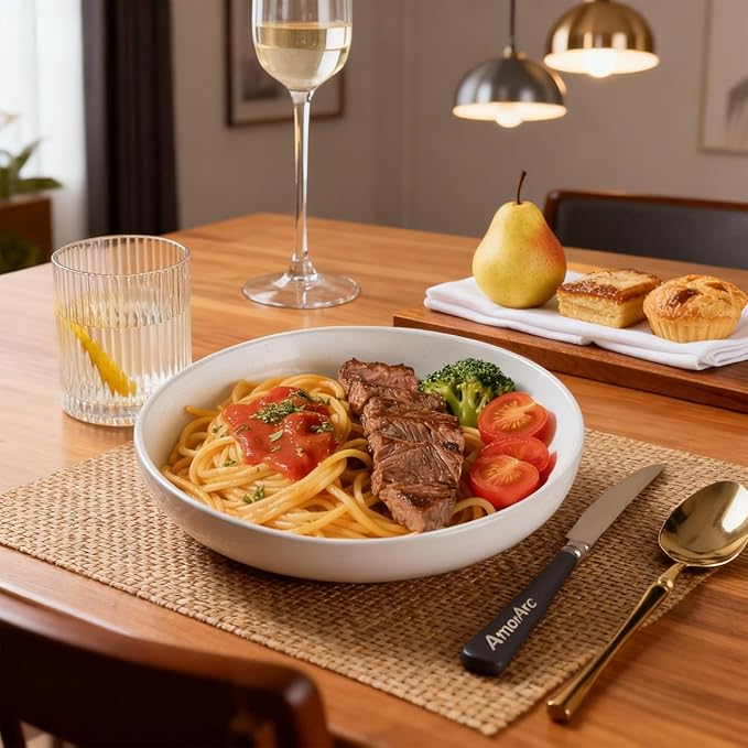 AmorArc Ceramic Dinnerware Sets with Pasta Bowls for 4, Handpainted Plates and Bowls Set with Rustic Terracotta Underside, Scratch Resistant Dishes Set, Dishwasher & Microwave Safe, 16 Pcs