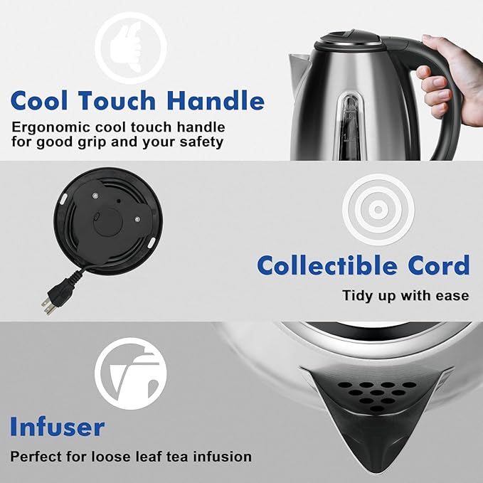 Electric Kettle, Stainless Steel 1.8 Liters Tea, Coffee Kettle & Hot Water Boiler, Auto Shut Off, Boil-Dry Protection with LED Ligh, Water Heater & Teapot, 360° Swivel Base, 1100W