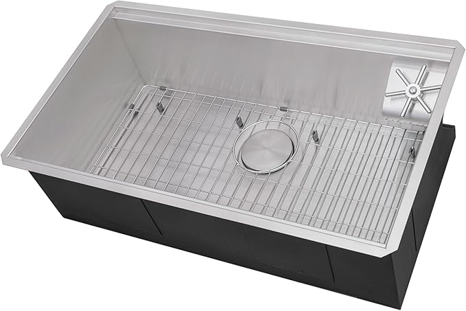 Ruvati 32-inch Undermount 16 Gauge Stainless Steel Kitchen Sink Single Bowl – Glass Rinser Workstation Ledge with Cutting Board, Bottle & Cup Washer, Modern Stainless Finish – RVH8512