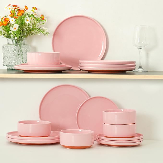 6 Piece Dinnerware Sets for 2, Dual Glaze Stoneware Plates and Bowls Set, Microwave and Dishwasher Safe, Pink