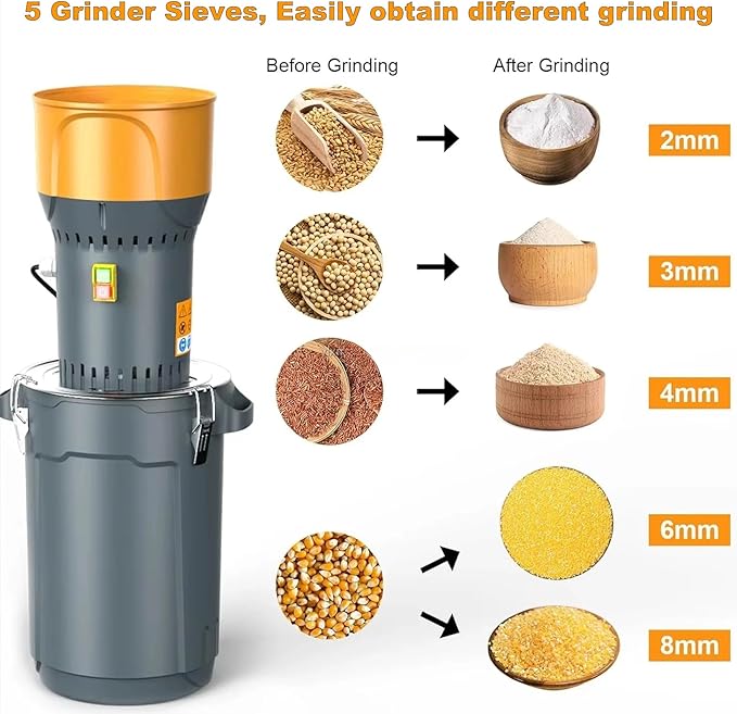 AUTENS Farm Grain Mill Grinder with 5 Filter Mesh Adjustable, Electric Feed Grain Grinder, for Wheat, Corn, Spice, Animal Feed & Home Milling (25L)