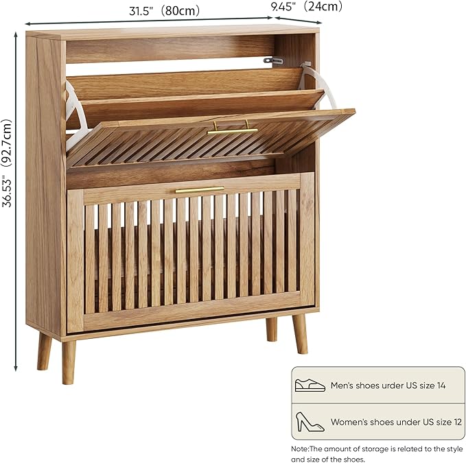 Shoe Storage Cabinet with 2 Flip Slatted Drawers, Narrow Wood Shoe Cabinet with Gold Handle, Hidden Entryway Shoe Organizer for Hallway, Foyer, Natural Oak