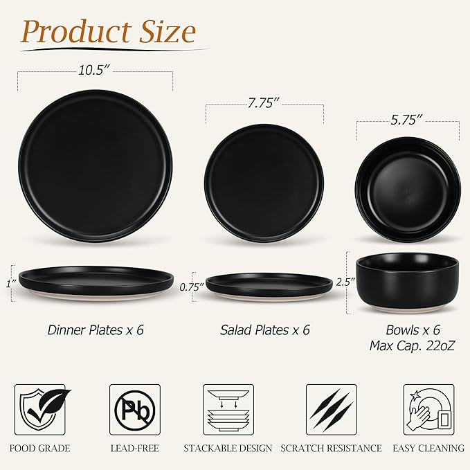 LIANYU 18PCS Dinnerware Plates and Bowls Sets, Ceramic Dishes Set for 6, Stoneware Dinner Dessert Salad Plates Cereal Bowls, Scratch Resistant Dishware, Microwavable & Dishwasher Safe, Matte Black