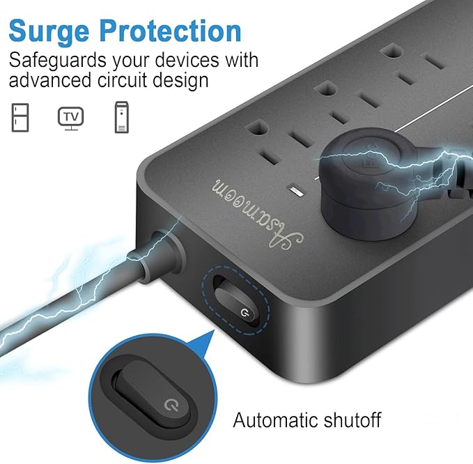 20FT Surge Protector Extension Cord with Flat Plug, 8 Outlets, 3 USB A & 1 USB-C Port, 1700J Wall Mount Desk Power Strip Black, ETL Listed