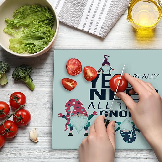 Ambesonne Saying Cutting Board, Yes I Really Do Need All These Gnomes Christmas Garden Theme Xmas Winter Season, Decorative Tempered Glass Cutting and Serving Board, Large Size, Sky