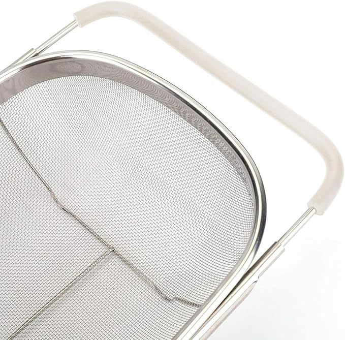 Over The Sink Colander, 6 Quarts Stainless Steel Oval Colander with Expandable Rubber Grip Handle, Fine Mesh Strainer Baskets Kitchen Colanders for Strain, Drain, Rinse Vegetable, Fruits, Beige