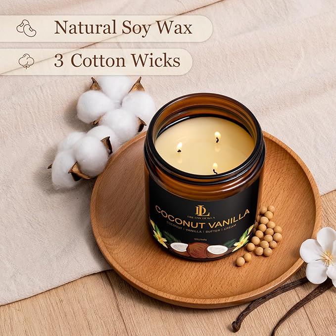 Coconut Vanilla Scented Candle, 12oz 60 Hour Long Lasting Candles, Large 3 Wick Natural Soy Candles for Home Scented, Candle Gifts for Women Men