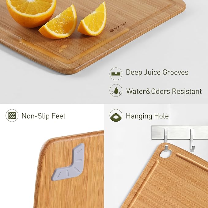 Lightweight Durable Bamboo Cutting Board Set with Non-Slip Feet, Wooden Cutting Boards for Busy Kitchen, Easy Storage & Clean Wooden Chopping Boards with Juice Groove Set of 2 (M+L)