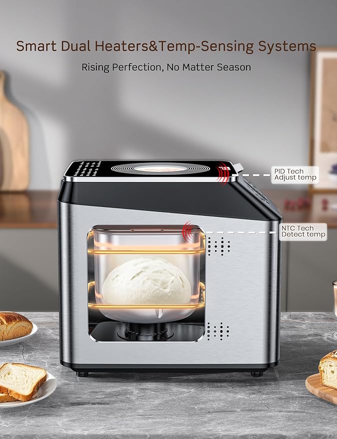 KBS 3LB Programmable Bread Maker,20-in-1 Automatic Bread Machine with Ceramic Pan & Fruit Dispenser, 850W Dual Heaters Bread Maker Machine with Quiet Brushless Motor,Stainless Steel,15H Timer,3 Colors