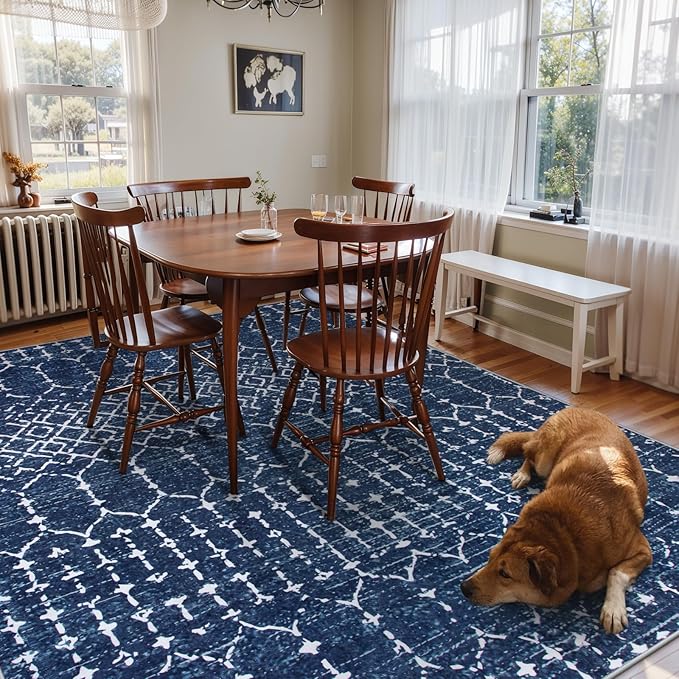 Lahome Moroccan Washable Area Rugs 6x9 - Non-Slip Ultra-Thin Soft Living Room Carpet, Modern Geometric Print Stain Resistant Rug Carpet for Bedroom Dining Room Office, Blue