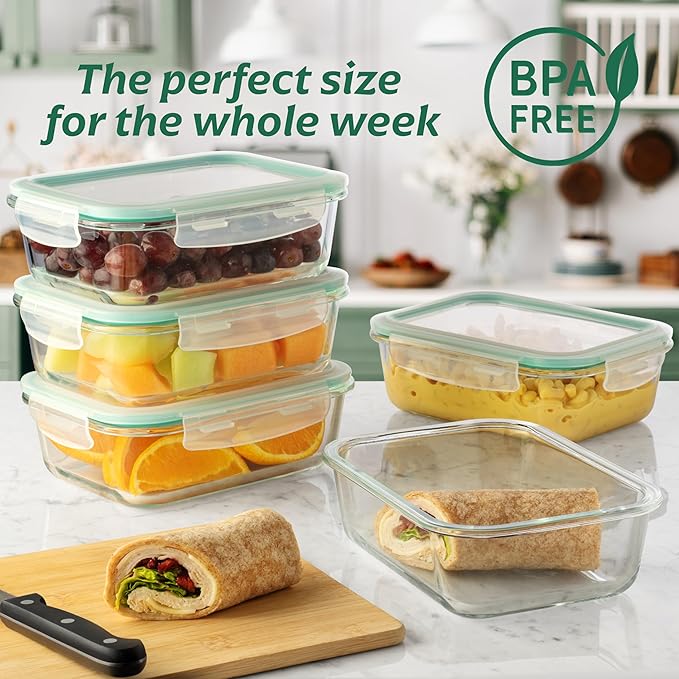 Fusion Gourmet 8 Pack 35 oz Glass Storage Containers with Lids - Airtight, Leakproof, Oven, Microwave & Freezer Safe, Stain & Odor Resistant, Reusable Meal Prep Containers (16-Piece)