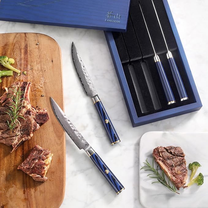 Cangshan KITA Series 4-Piece Fine Edge Steak Knife Set With Ash Wood Box, High Carbon X-7 Damascus Steel, 501509 (4pc)