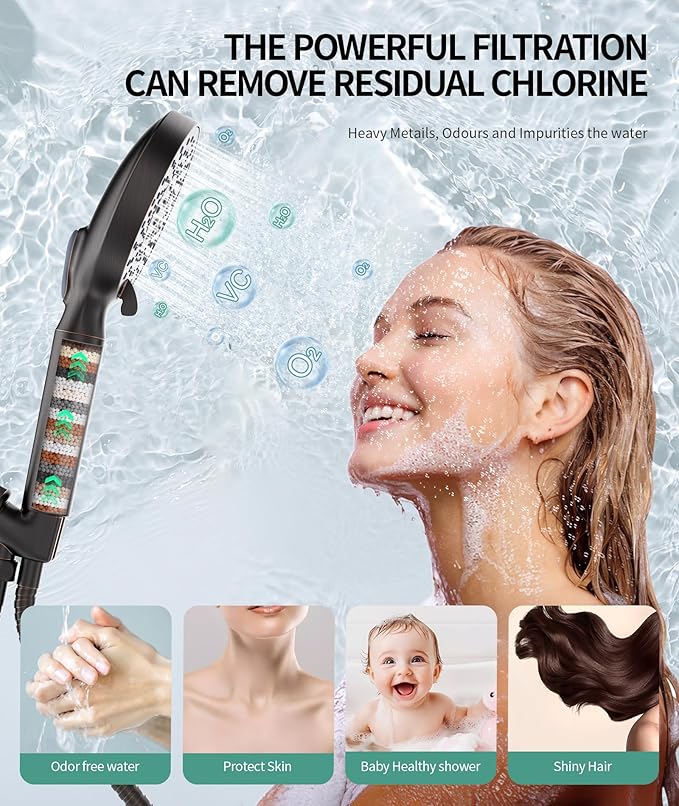 SR SUN RISE Filtered Shower Head with Handheld High Pressure 9 Spray Mode Showerhead Detachable Shower Head Water Softener Filters Beads for Hard Water Remove Chlorine 4 Filters ORB