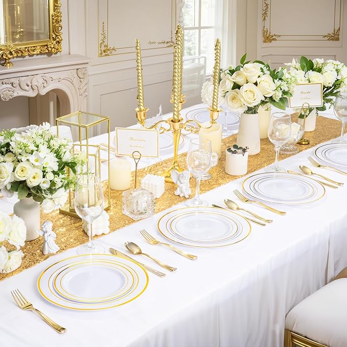 WDF 120 pieces Gold Disposable Plastic Plates - White and Gold Plates Include 10.25" Dinner Plate & 7.5" Salad Plate for Christmas/Weddings/Party