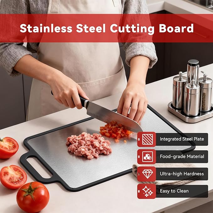 Double-Sided Solid Stainless Steel Cutting Board for Kitchen, 304 Grade & Dishwasher Safe - Non-Slip with Juice Groove, Perfect for Meat and Veggies, 15.3x9.6 Inch