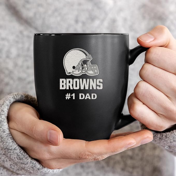 Rico Industries NFL Football #1 Dad 15oz Laser Engraved Matte Black Ceramic Bistro Mug - for Hot or Cold Drinks