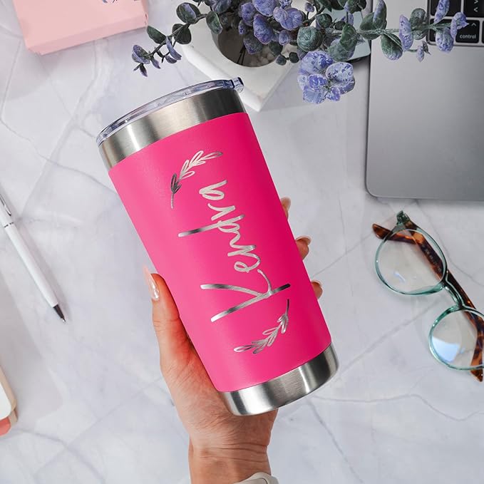 Personalized Tumblers, Stainless Steel 20 oz Tumbler w/Lid |13 Different Designs| Personalized Cups Double Walled Insulated Coffee Cup for Travel - Hot Pink