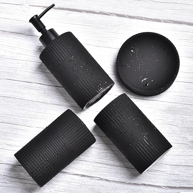 Matte Black Bathroom Accessories Set, 4PC Embossing Ceramic Bathroom Sets Complete-Toothbrush Holders, Soap Dispenser, Soap Dish, Toothbrush Cup, Black Bathroom Decor, Bathroom Countertop Organizer