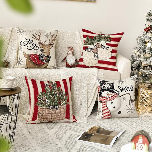 AVOIN colorlife Christmas Snowman Reindeer Gloves Eucalyptus Red Throw Pillow Covers, 20 x 20 Inch Winter Holiday Stripes Cushion Case Decoration for Sofa Couch Set of 4