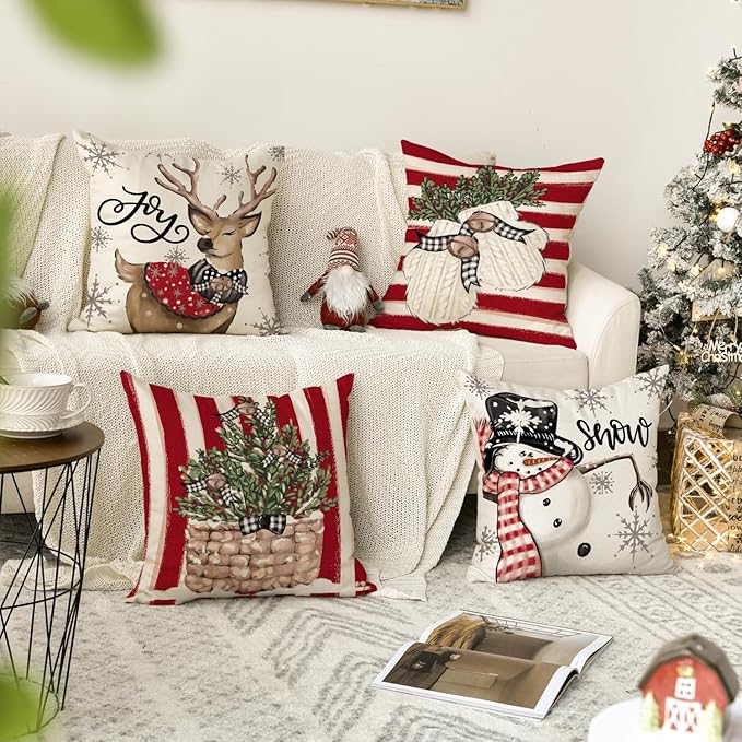 AVOIN colorlife Christmas Snowman Reindeer Gloves Eucalyptus Red Throw Pillow Covers, 16 x 16 Inch Winter Holiday Stripes Cushion Case Decoration for Sofa Couch Set of 4